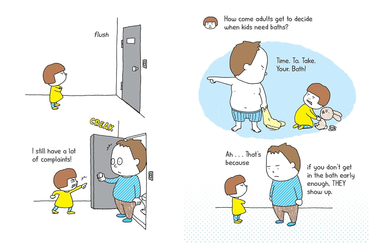 Illustration from That's Not Fair showing a child and father discussing bath time rules in a humorous style.