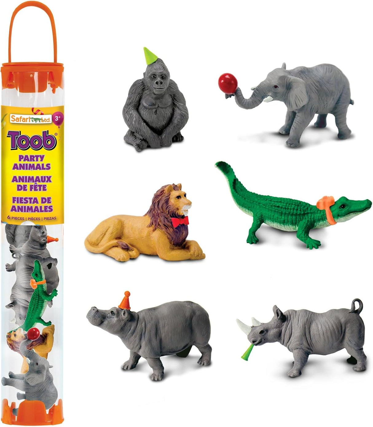 TOOB | Party Animals set with 6 detailed animal figurines including lion, alligator, gorilla, hippo, elephant, and rhino.