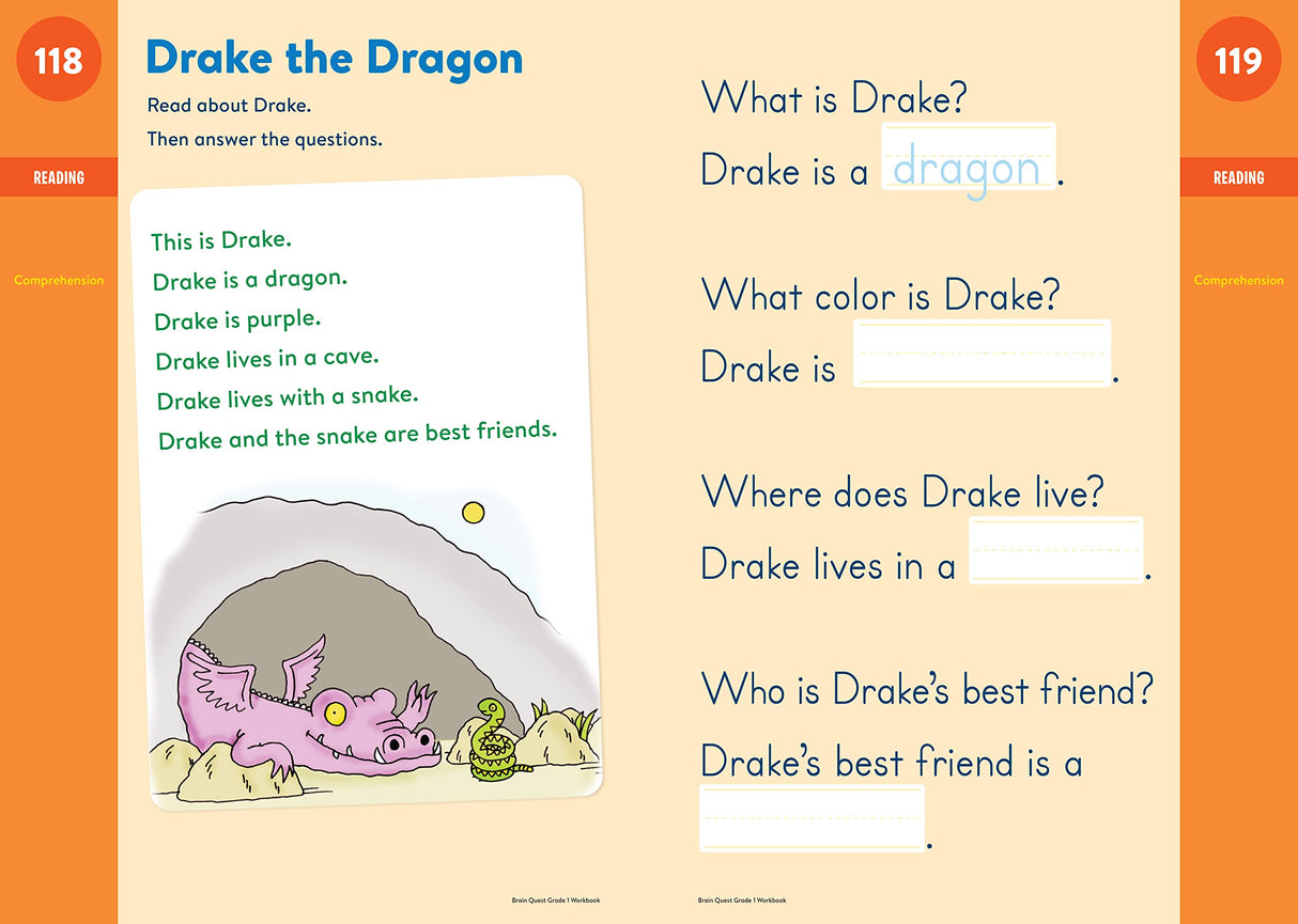 Brain Quest Workbook Grade 1 page featuring a reading exercise about Drake the Dragon with fill-in-the-blank questions.