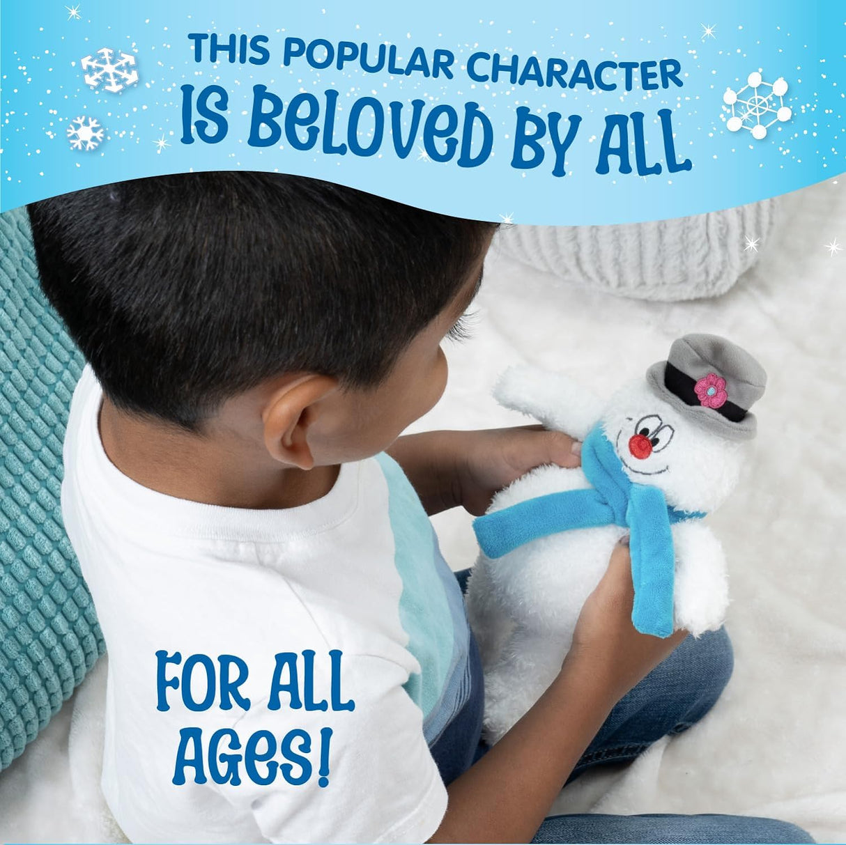 Child holding an 8.5" Frosty the Snowman plush with embroidered face, top hat, and blue scarf, safe for all ages.