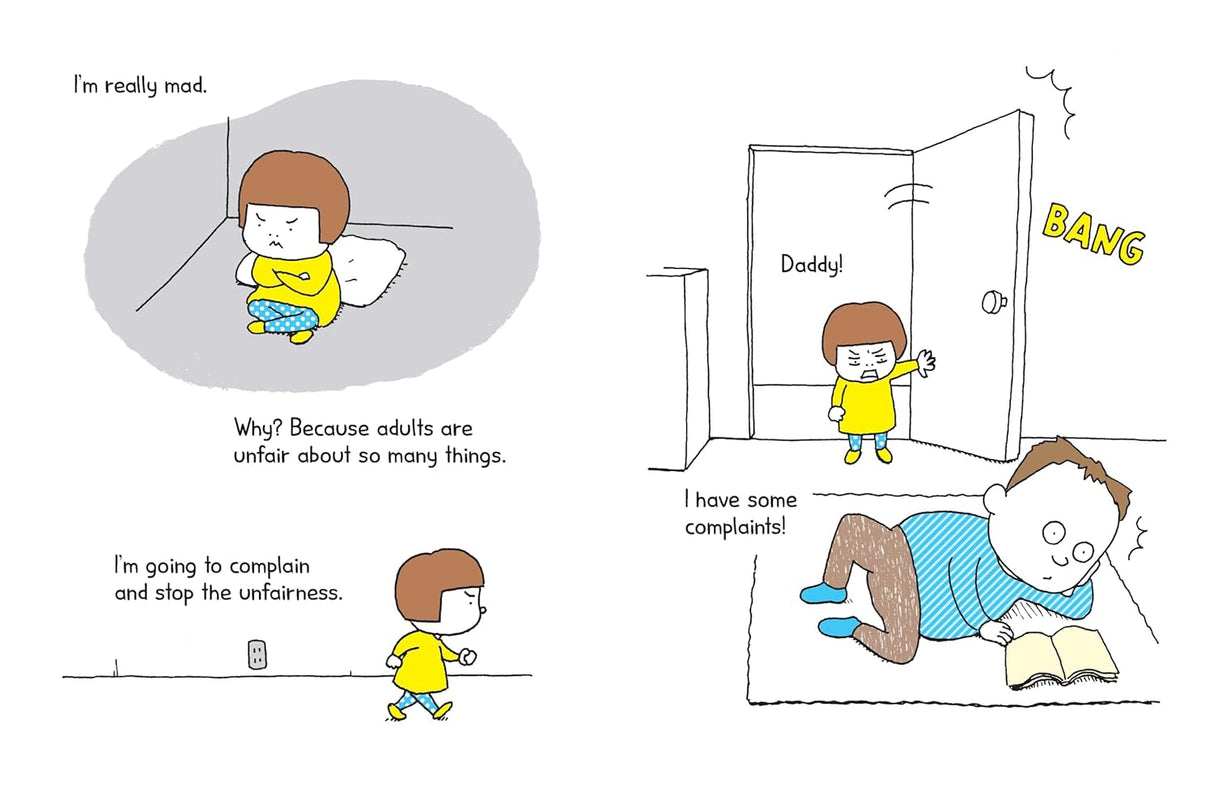 Illustration from That's Not Fair showing a child upset about unfairness and calling to their father with complaints.