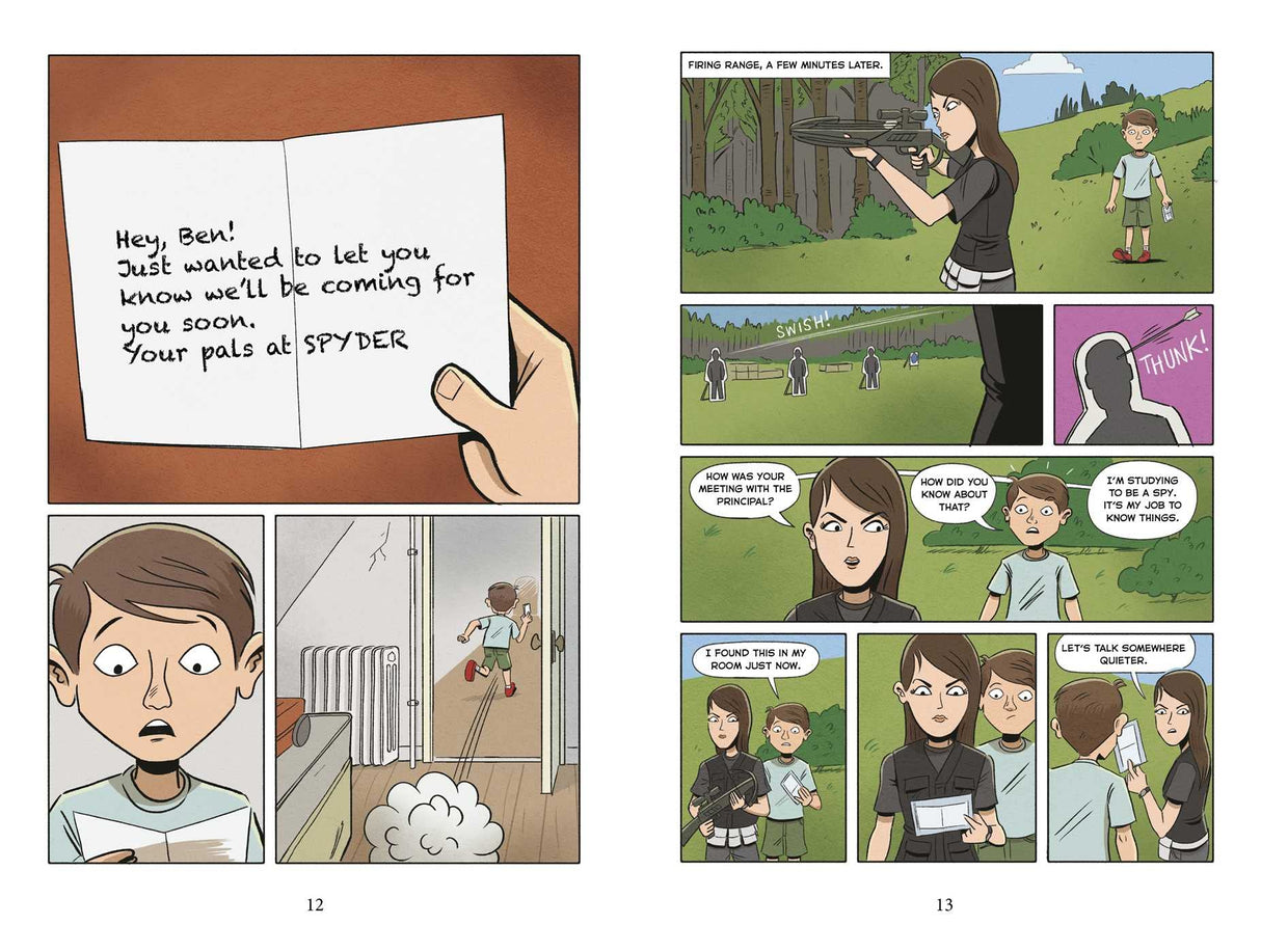 Spy Camp the Graphic Novel pages showing a secret note, spy training, and action scenes at wilderness camp.