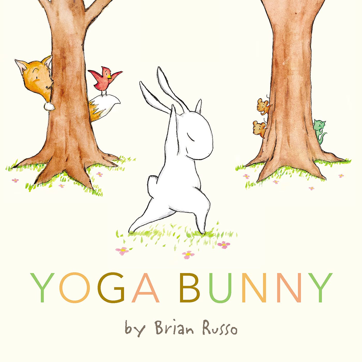 Yoga Bunny book cover shows a bunny practicing yoga poses outdoors near trees with forest friends watching.