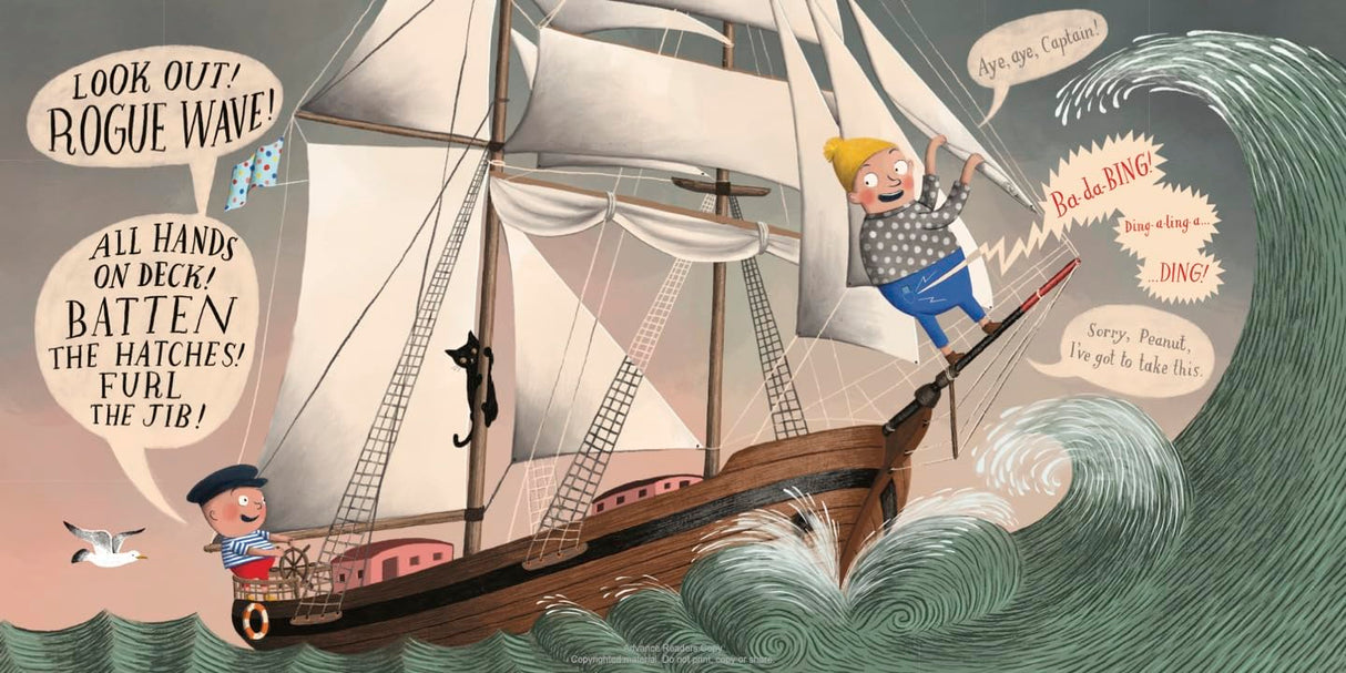 Ahoy! product image showing child captain and parent sailing a ship through waves in playful illustrated adventure.