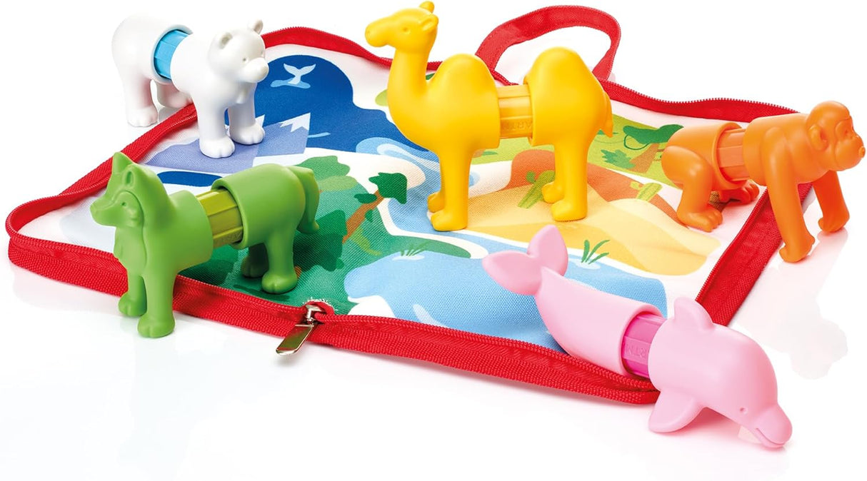 Magnetic colorful animal toys including camel, dolphin, lion, polar bear, and others on a world map play mat for toddlers.