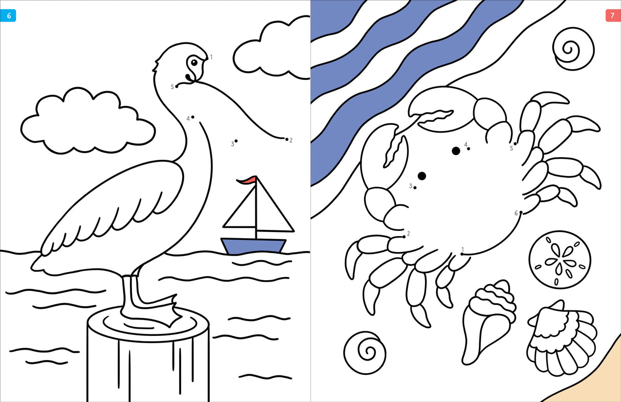 Animals Dot to Dot activity book pages featuring connect-the-dots bird and crab with seashells for coloring fun.
