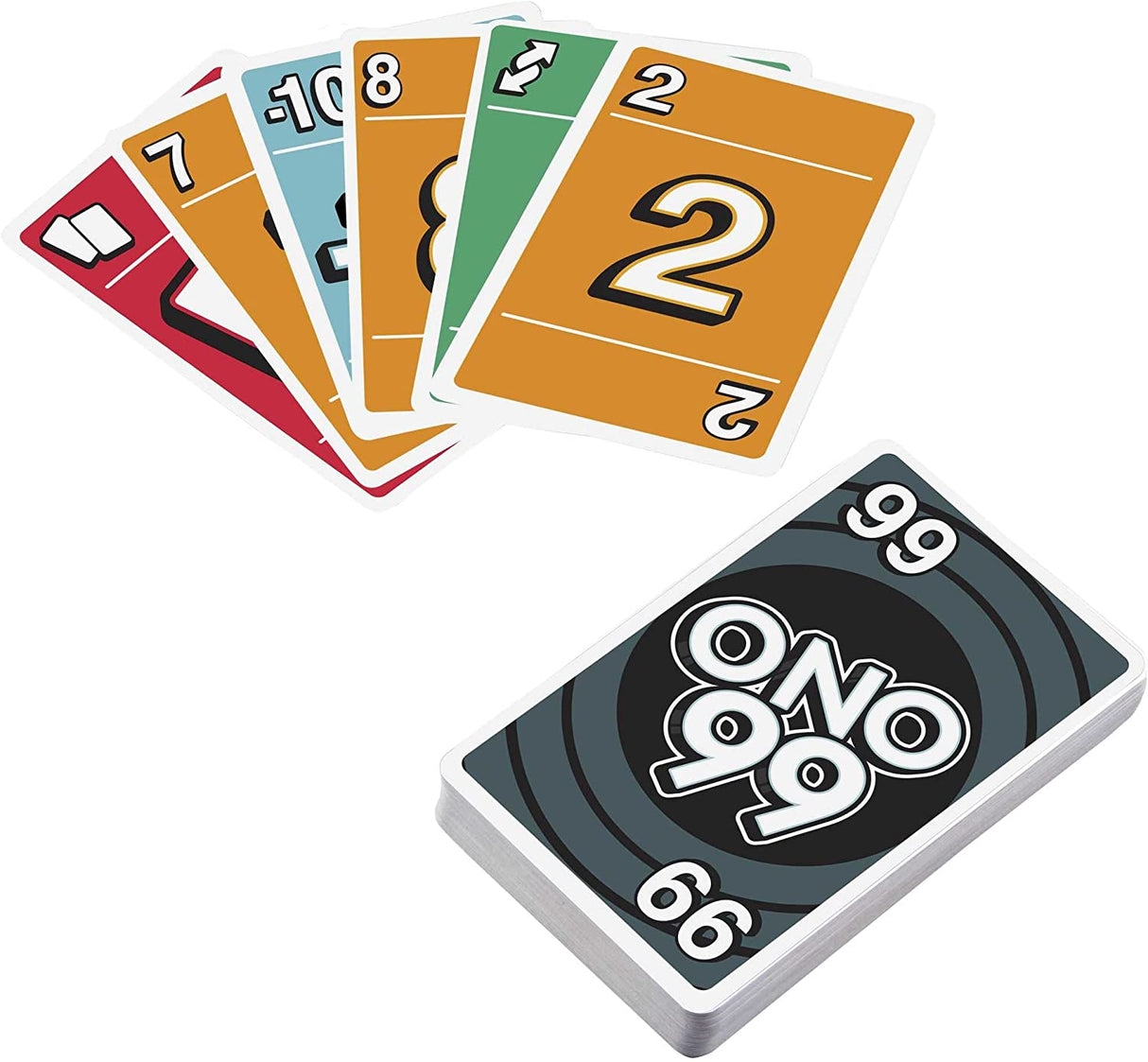 Ono 99 card game showing numbered and special cards for family math fun and game night excitement.