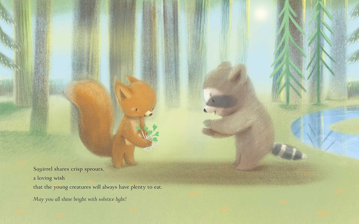 Illustration from Summer a Solstice Story showing squirrel and raccoon sharing sprouts in a peaceful forest scene.