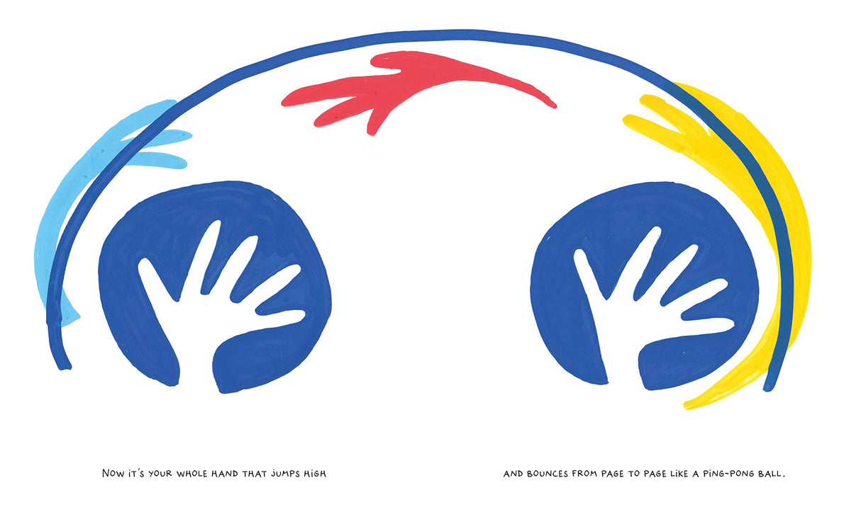Illustration from Tap! Tap! Tap! showing colorful hand shapes and arcs representing playful hand movements on a white background.