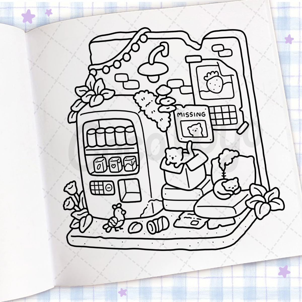Cozy Corner Coloring Book page featuring a cozy nook with cats, plants, and a missing pet poster for coloring.