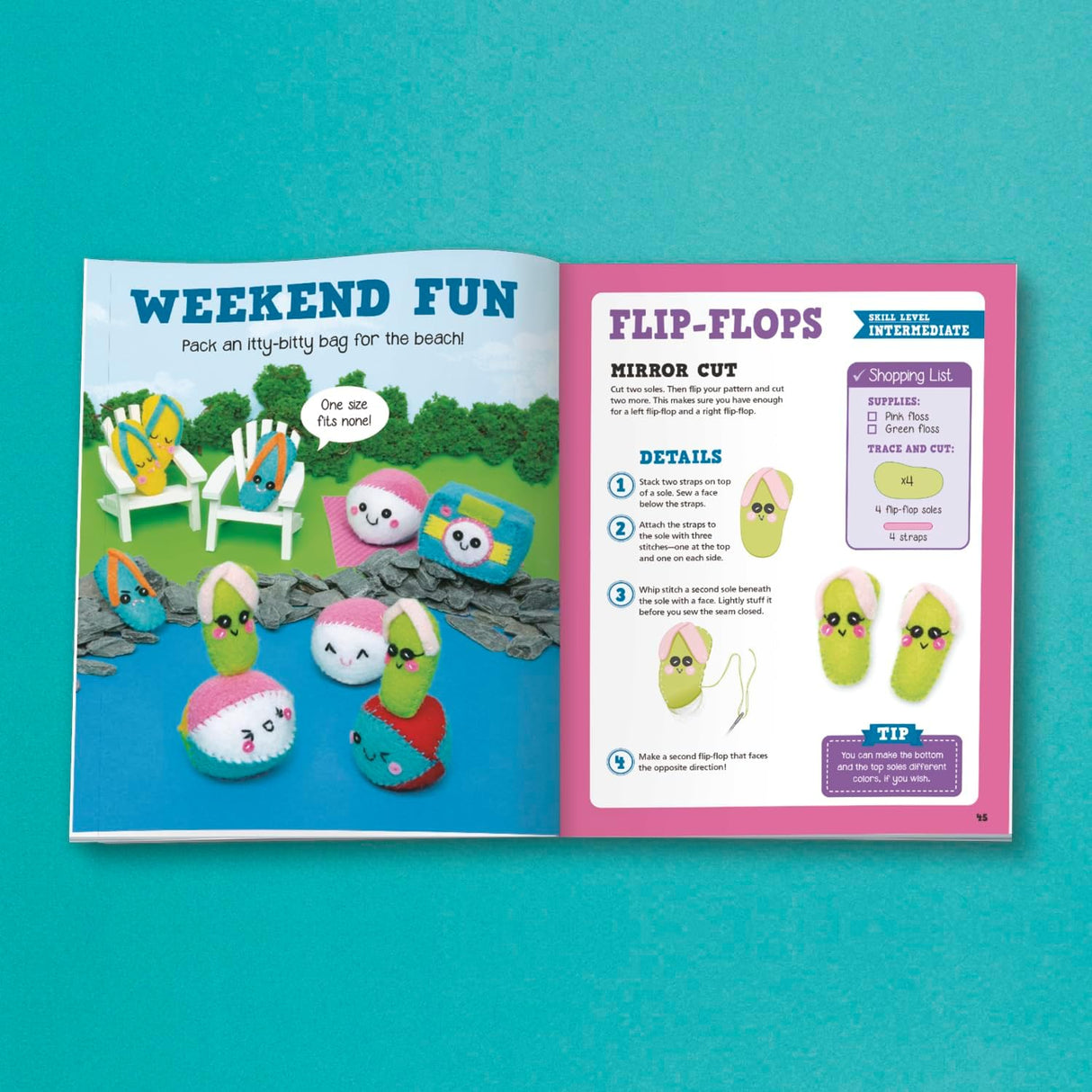 Sew Mini Cute Things opened book showing colorful plush flip-flops and crafting instructions for beginners.