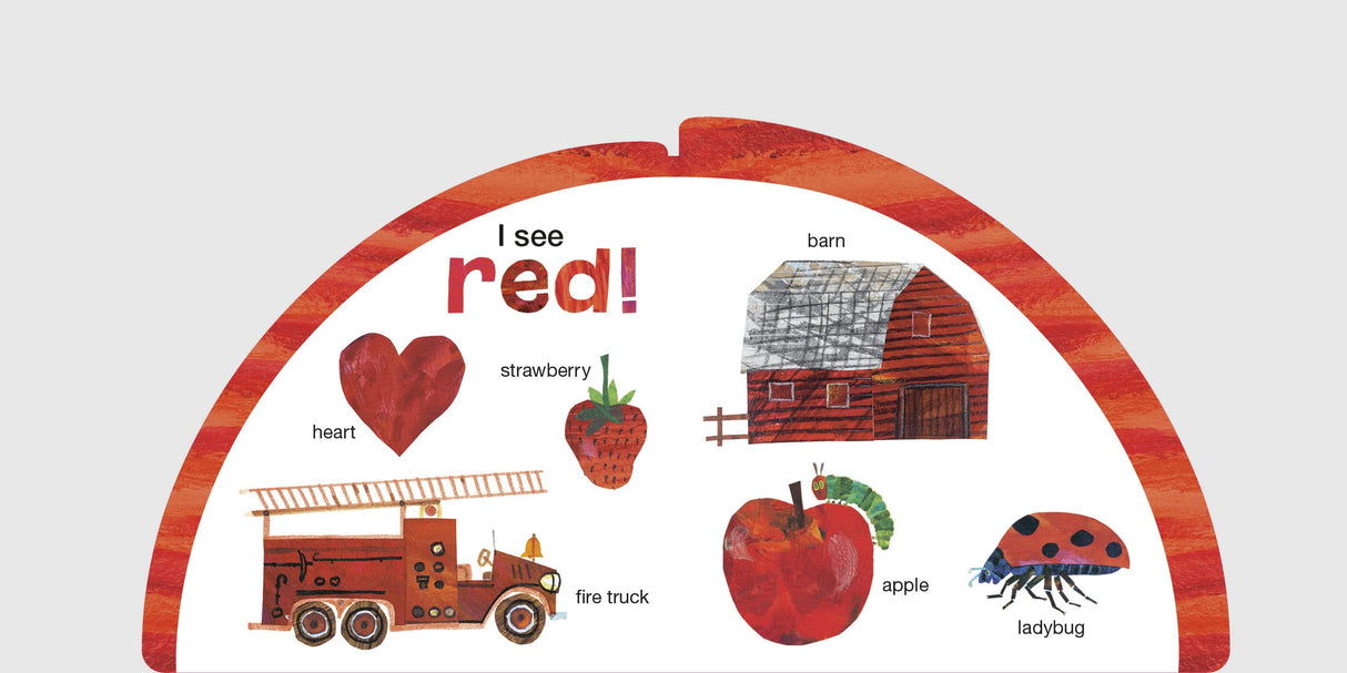 The Very Hungry Caterpillar's Rainbow Colors board book red page with heart, fire truck, strawberry, barn, apple, and ladybug illustrations.