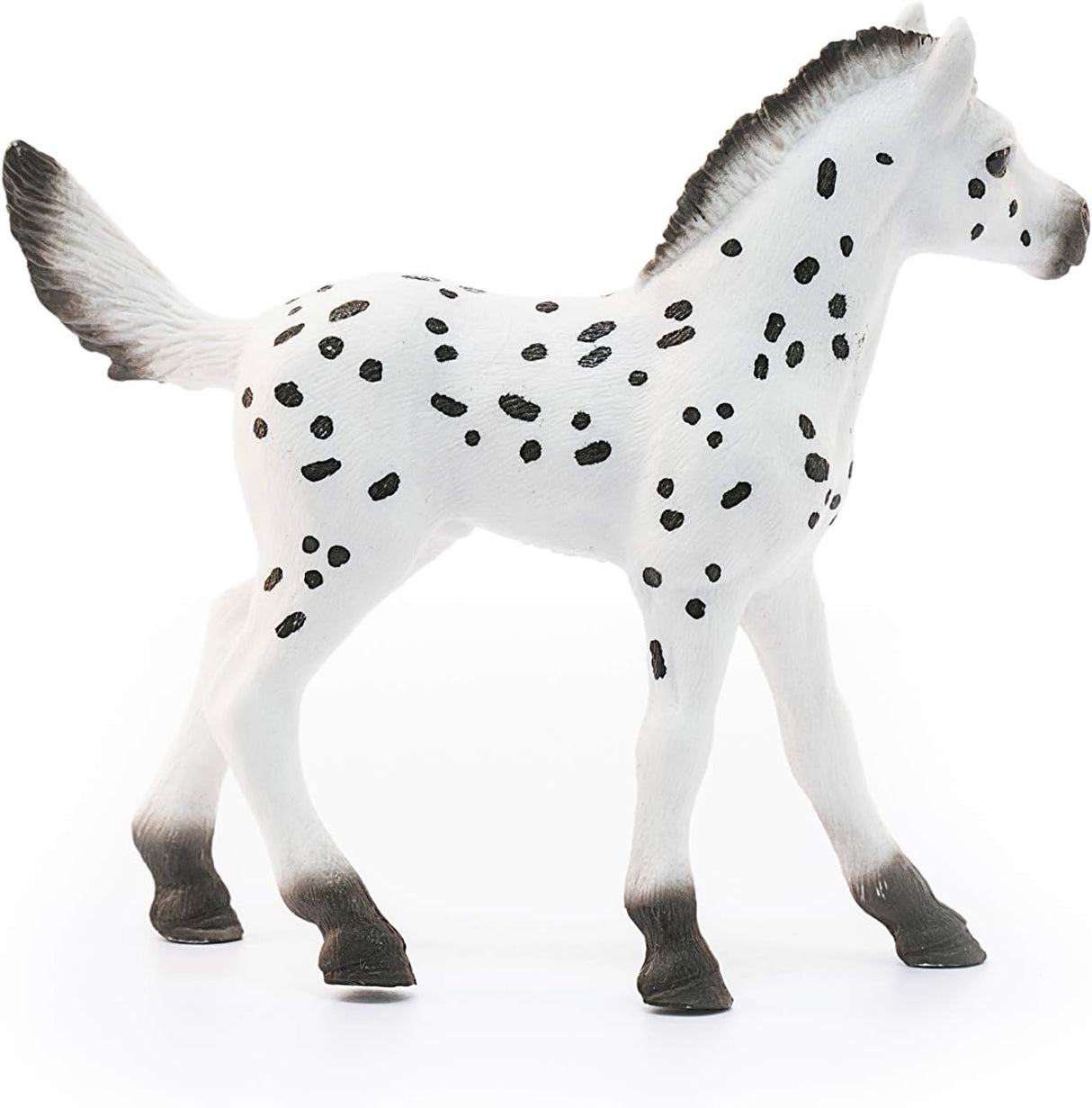 Knapstrupper Foal Horse toy with detailed black spots on white body, designed to educate and inspire young children.