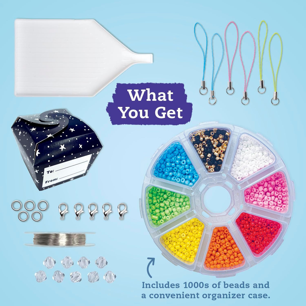 Beadlings Itty Bitty Charms kit with colorful seed beads, jewelry wire, charm straps, and organizer case displayed on blue background.