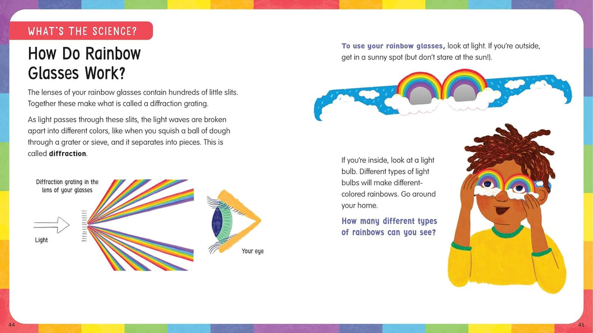 Rainbow Science activity book pages explaining how rainbow glasses work with colorful illustrations and light diffraction diagram.