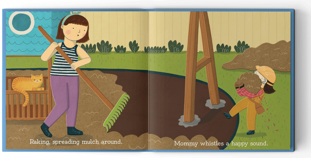 Bing Bang Pling shows a girl raking mulch and a child wearing a hard hat helping build a swing set in the backyard.