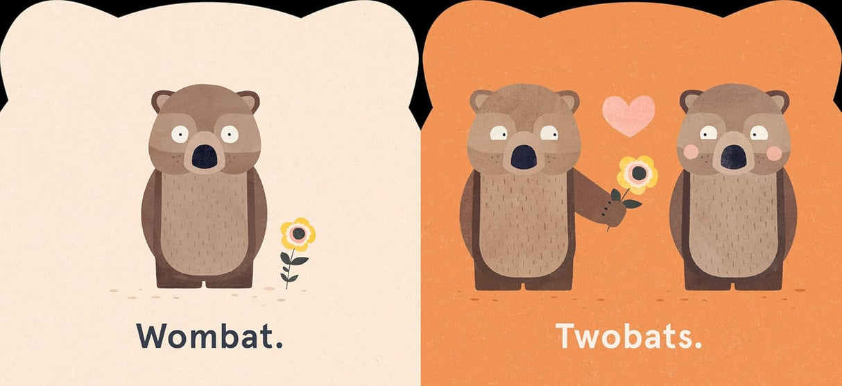 Illustration of a wombat and two wombats, one holding a flower with a heart above them on warm backgrounds