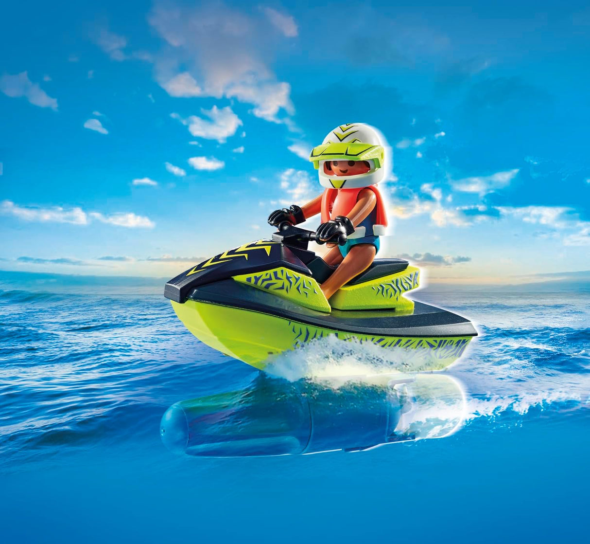 Action Heroes | Fireboat with Water Scooter toy figure riding a green and black aqua scooter on water.