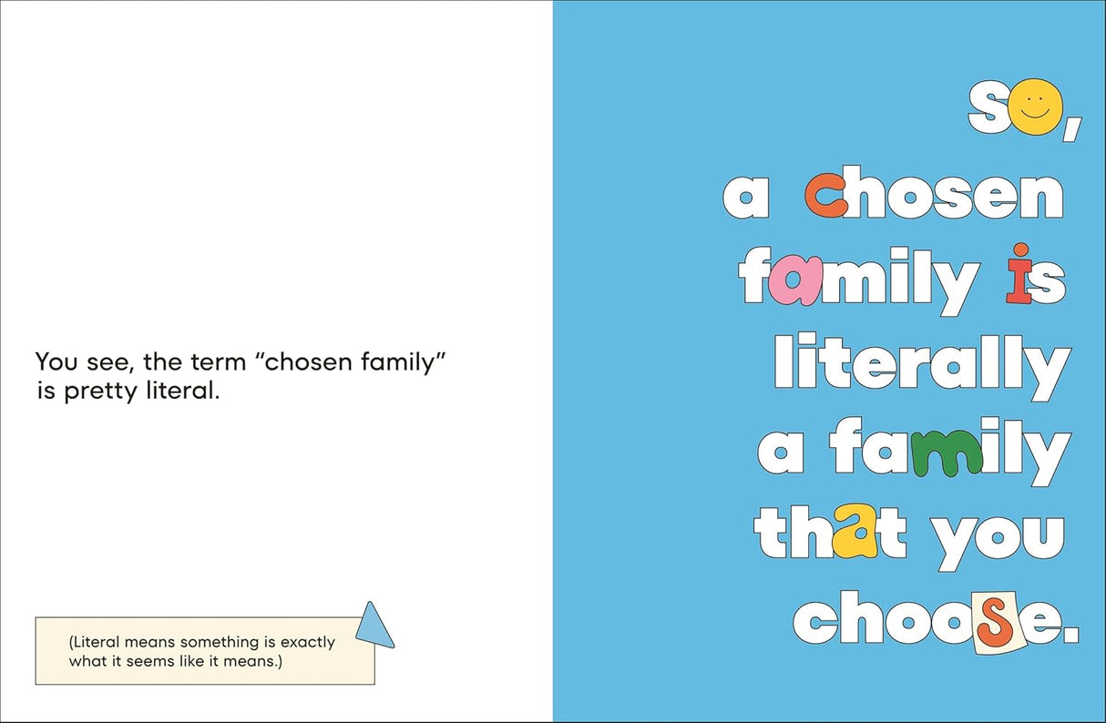 A Kids Book About Chosen Family showing colorful text explaining chosen family is a family you choose on a blue background.