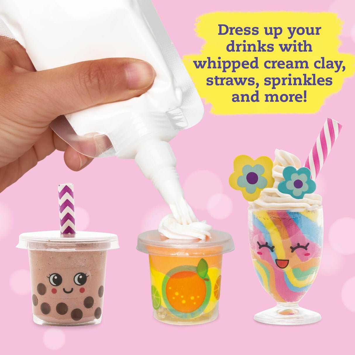 Mini Shake Shop with colorful clay drinks, smiling faces, whipped cream clay, and striped straws on a pink background.