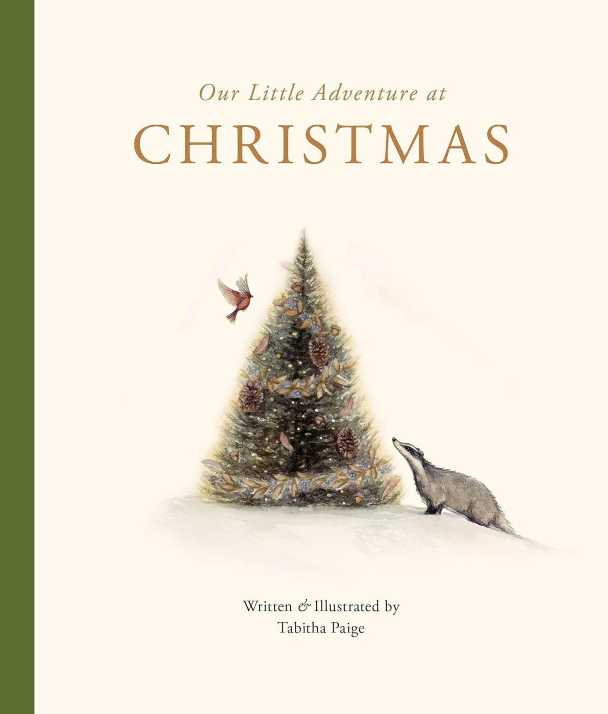 Cover of a children’s Christmas book showing a decorated tree with a bird and a curious badger nearby