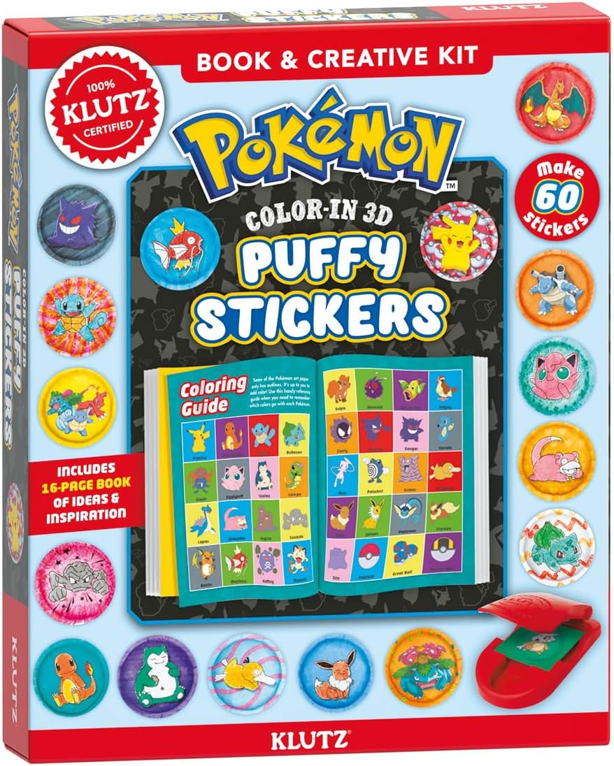 Pokemon Color-In Puffy Stickers kit with 3D stickers, coloring guide, and 60 fun Pokémon characters like Pikachu and Charizard.
