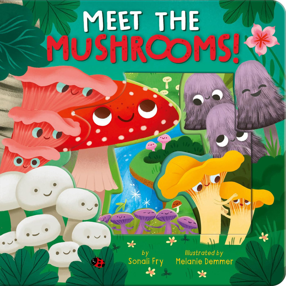 Meet the Mushrooms board book cover with playful, smiling mushroom characters in a colorful forest setting.