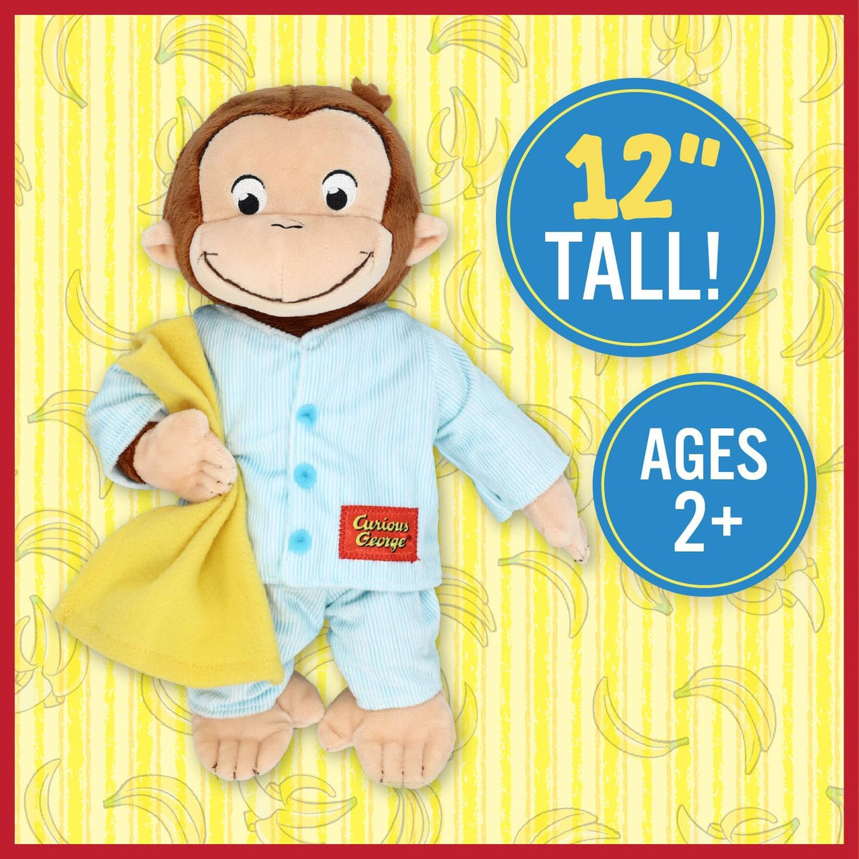 Curious George | Pajamas plush toy holding blanket in soft blue pajamas, 12 inches tall, for ages 2 and up.