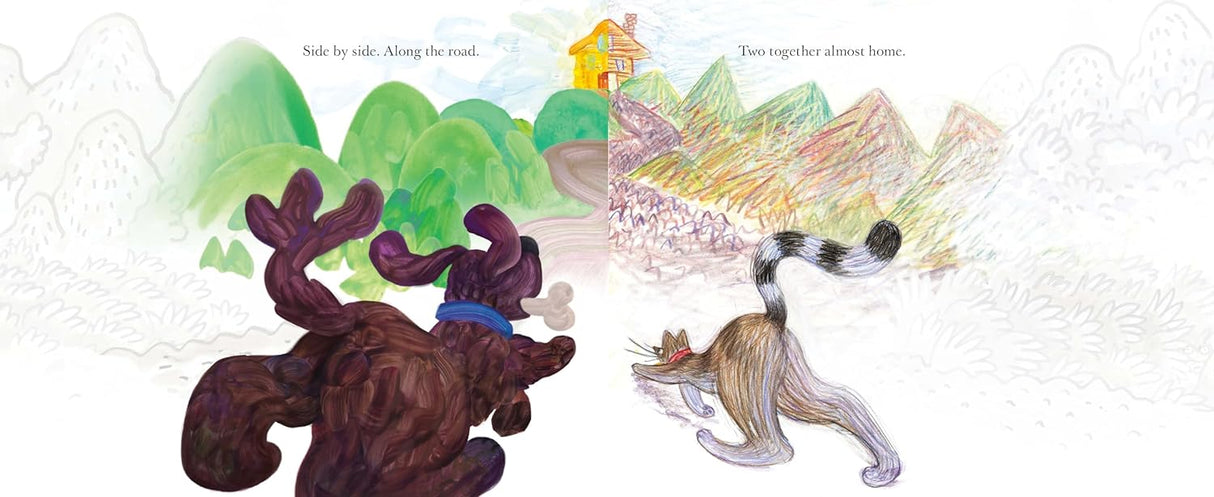 Two Together book illustration showing a dog and cat walking side by side on a colorful adventurous path.