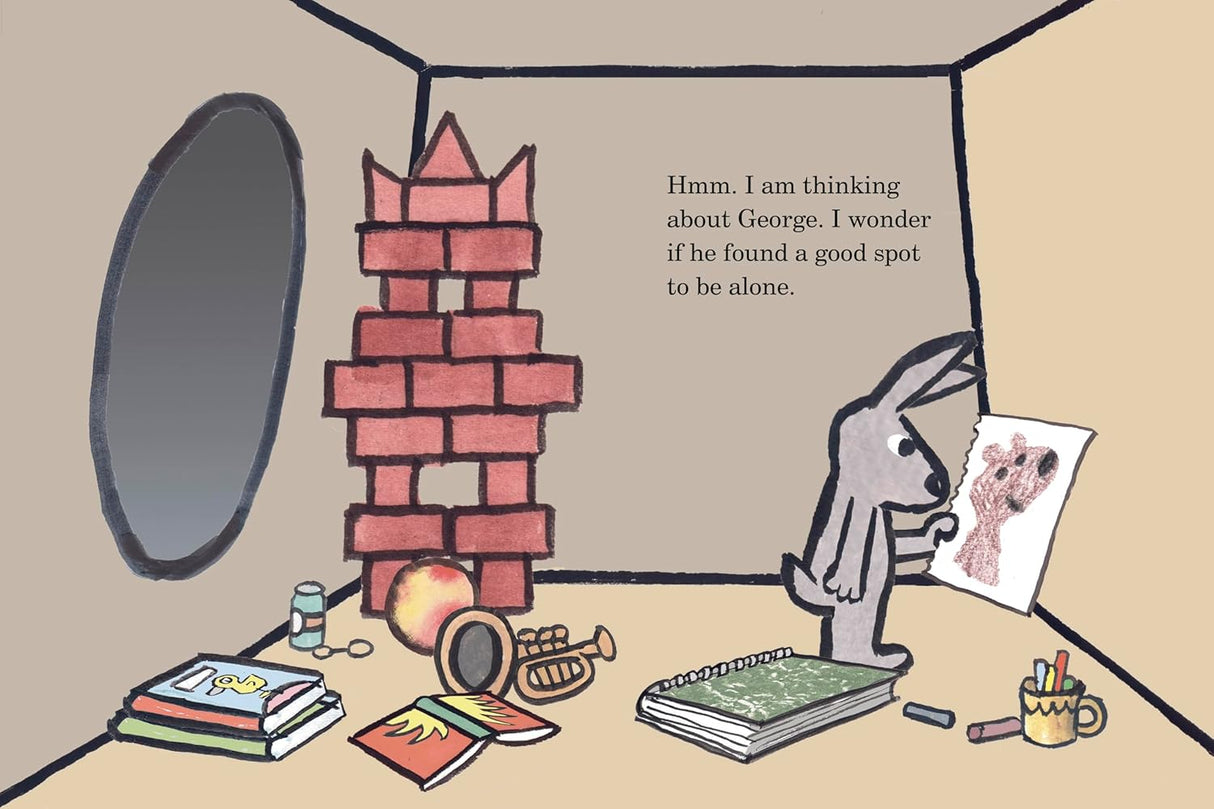 Illustration from George and Lenny Are Always Together showing Lenny the rabbit pondering while holding a drawing in a cozy room.