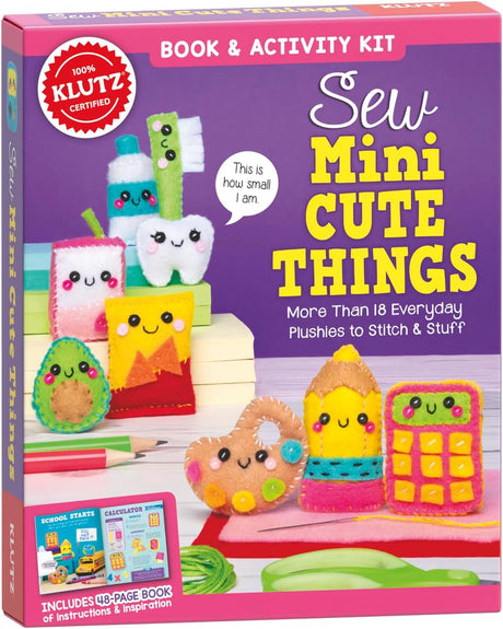Sew Mini Cute Things kit with colorful felt plushies like calculator, camera, and more for beginner sewing projects.