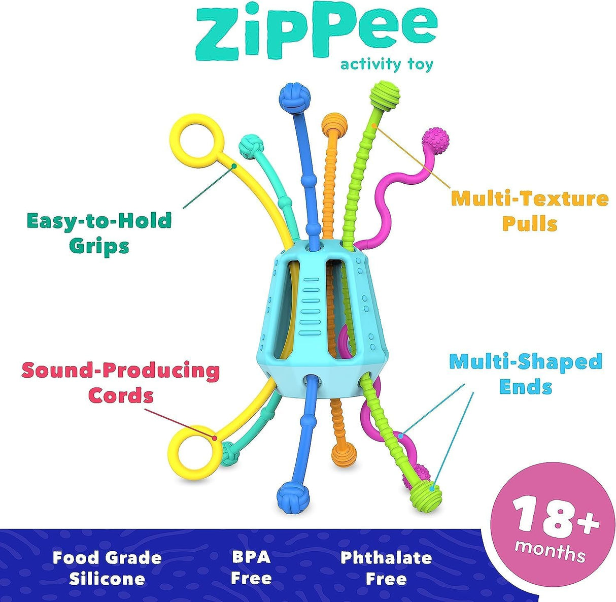 Zippee Activity Toy with easy-to-hold grips, sound-producing cords, and multi-texture pulls for toddlers 18+ months.