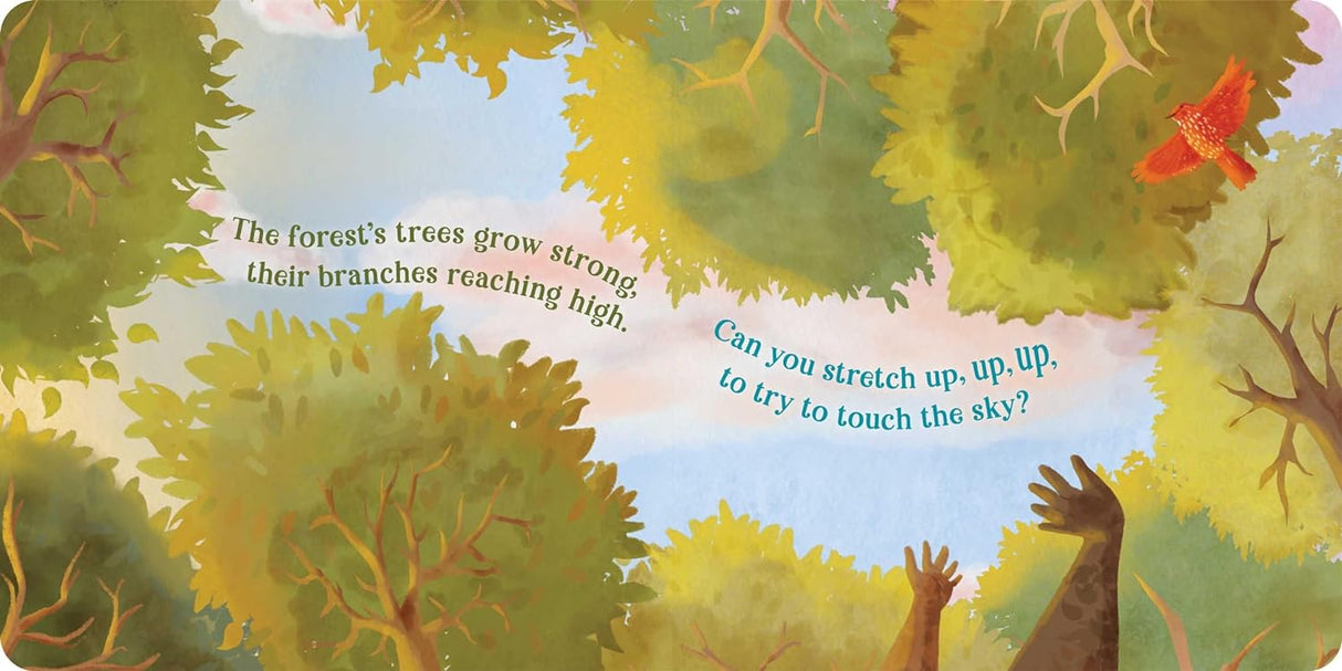 Illustration from The Great Outdoors showing tall forest trees and a child reaching up toward a red bird in the sky.