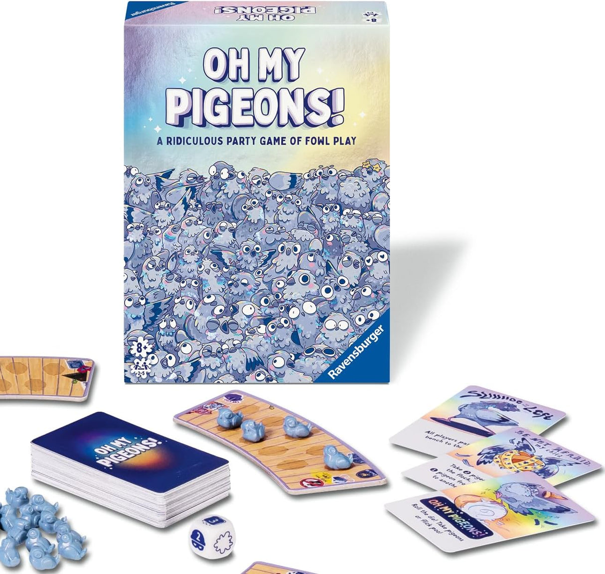 Oh My Pigeons! party game box with cards, pigeon tokens, and a pigeon poo die for family fun.