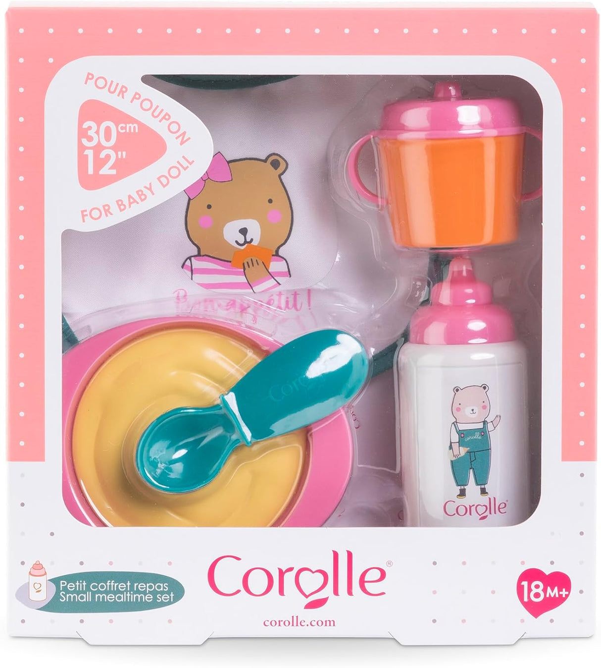 Small baby doll mealtime set with pink plate, yellow bowl, teal spoon, pink sippy cup, and white bottle with bear illustration