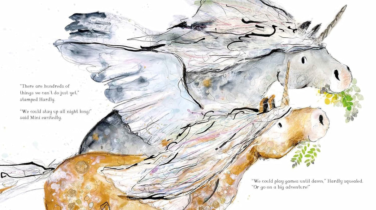 Illustration from Mini and Hardly and the Big Adventure showing two small unicorns flying with flowing manes and wings.