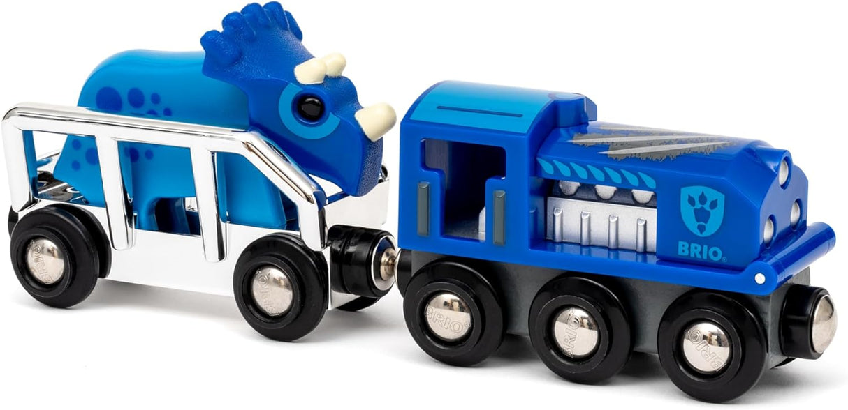 Special Edition Train 2025 featuring a silver-blue engine and a blue Triceratops wagon for BRIO World playsets.