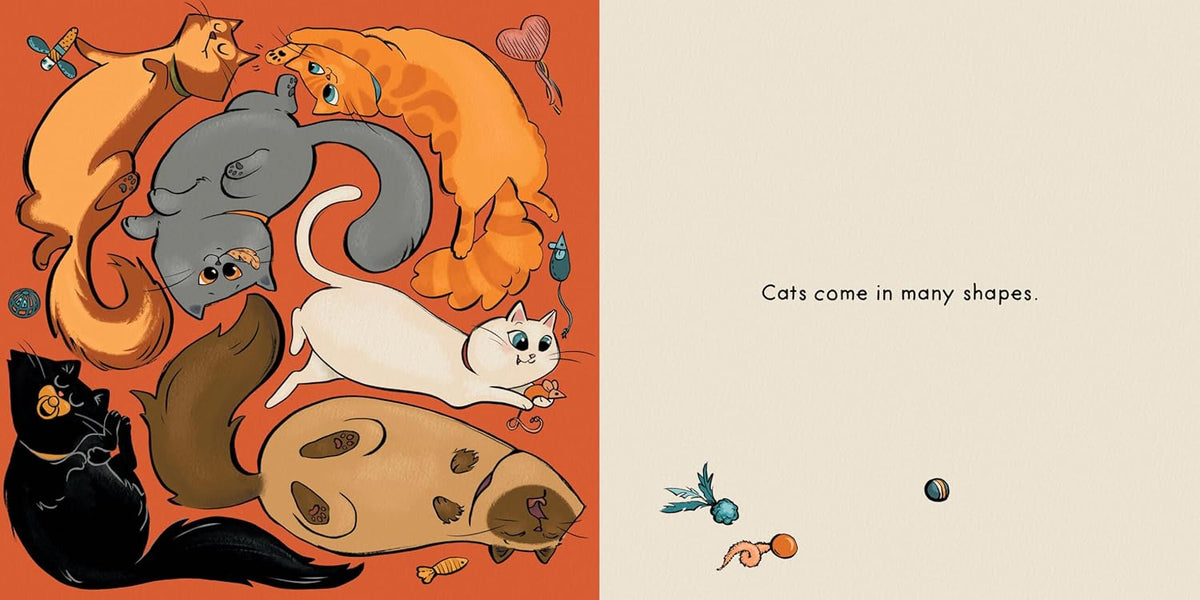Cat Shapes illustrated book page featuring cats in many playful shapes and colors
