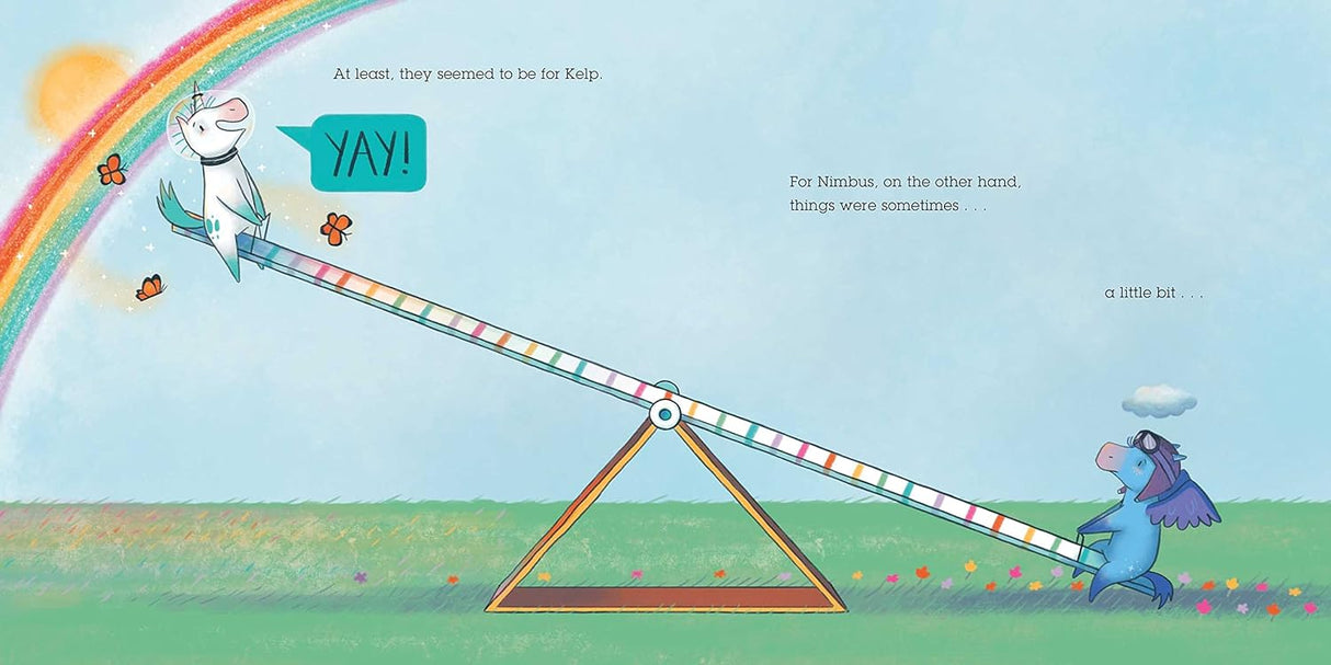 Illustration from Weather Together showing Nimbus and Kelp playing on a seesaw under a rainbow and sun.