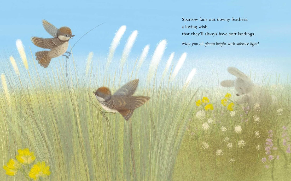 Illustration of sparrows and a rabbit in a sunlit meadow from the book Summer a Solstice Story.