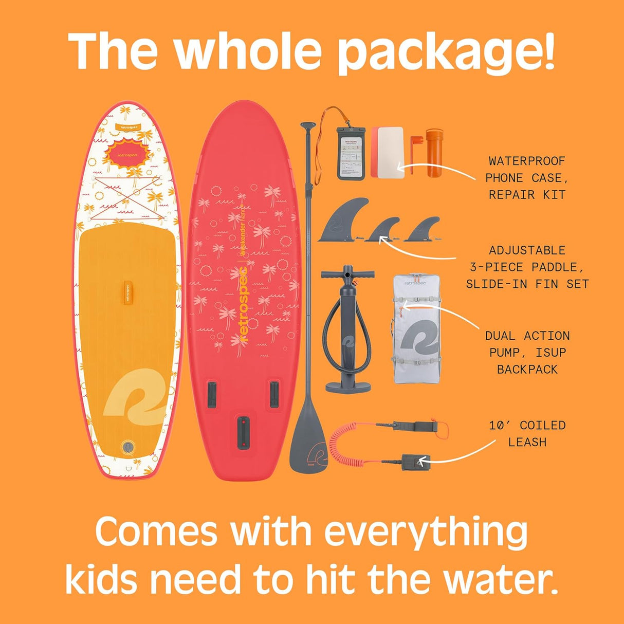 Weekender Nano Kids' Inflatable Paddle Board with paddle, pump, leash, fins, repair kit, and waterproof phone case.
