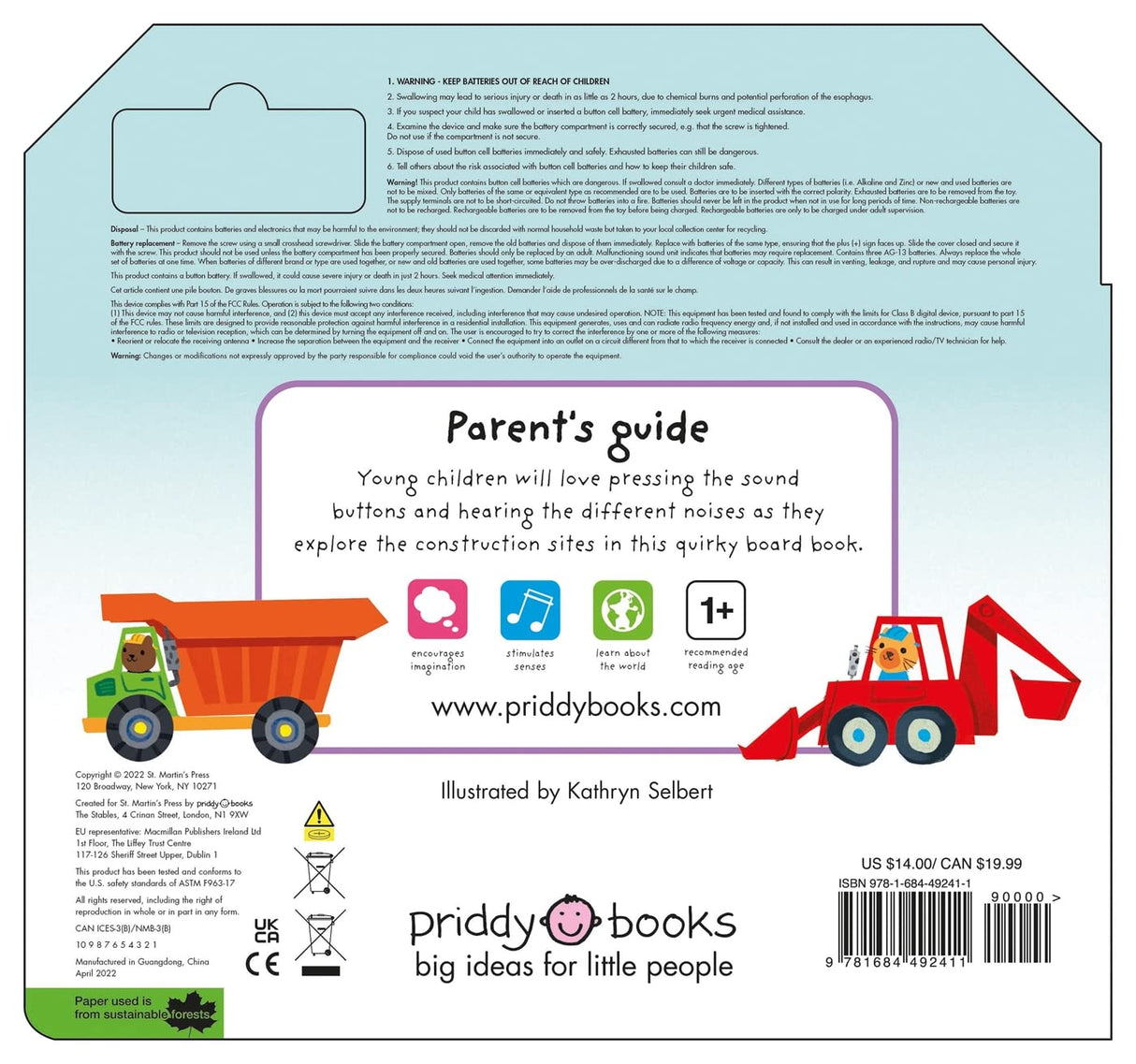 Back cover of What Can You Hear Construction sound book showing safety and product info for young children.