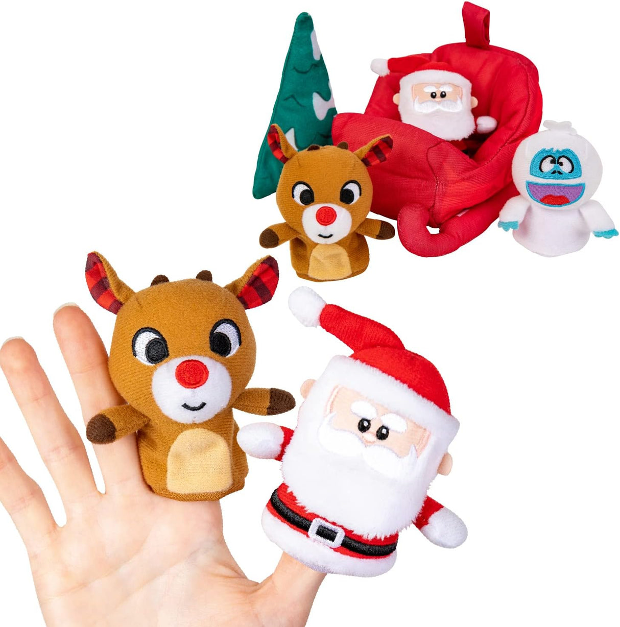 Rudolph | Plush Playset showing soft finger puppets of Rudolph, Santa, a Christmas tree, Abominable Snowman, and sleigh.