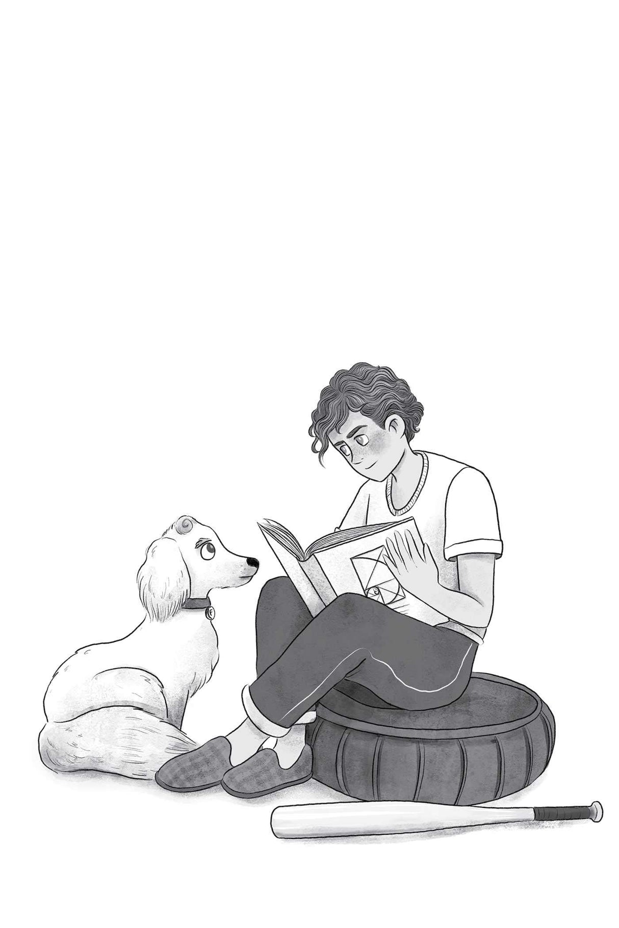 Illustration from Much Ado About Baseball showing a boy reading a book with a dog nearby and a baseball bat on the ground.