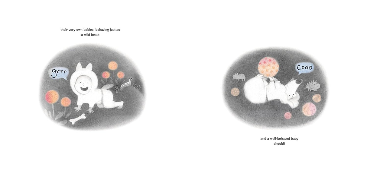 Pete and Leonie The Great Baby Swap showing playful babies, one coyote cub and one human baby, in whimsical scenes.