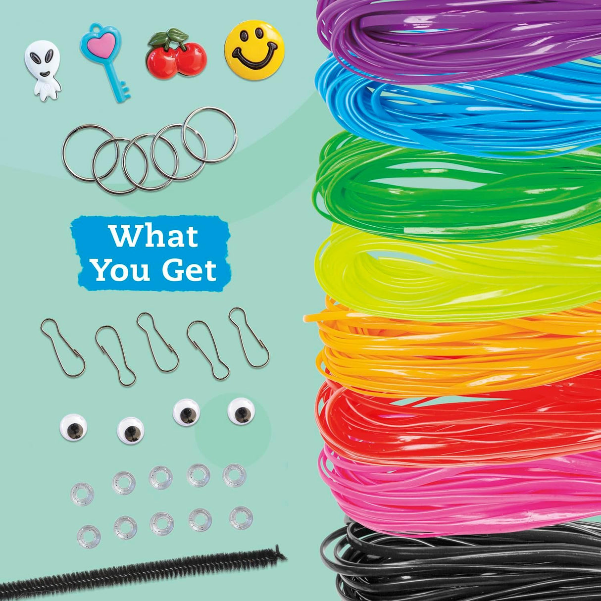 Lanyard Scoubidou & Boondoggle kit with colorful cords, charms, metal rings, clips, and googly eyes for crafting.