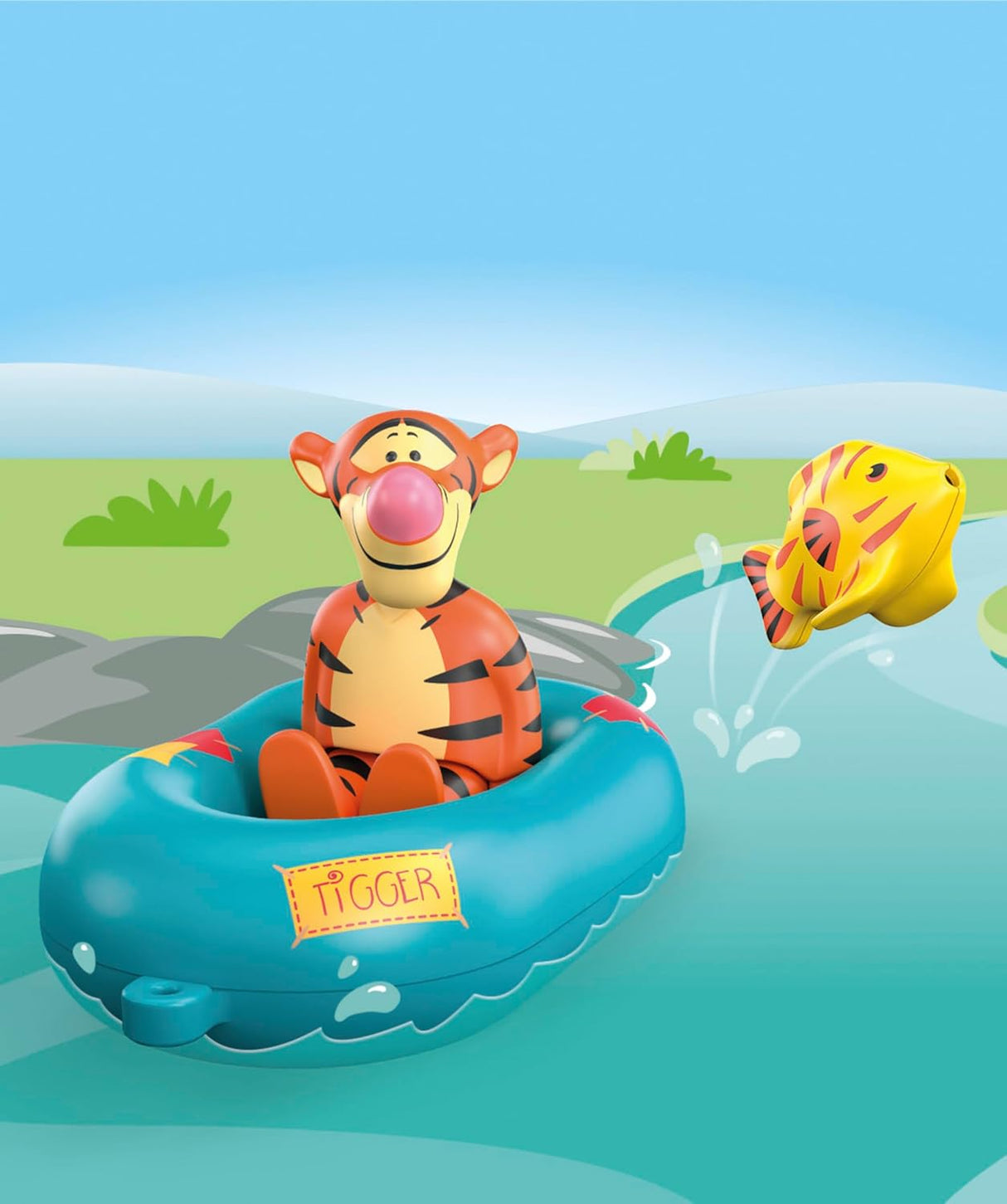 Junior Tigger's Boat Ride features floating Tigger in an inflatable boat with a playful tiger fish toy for water fun.