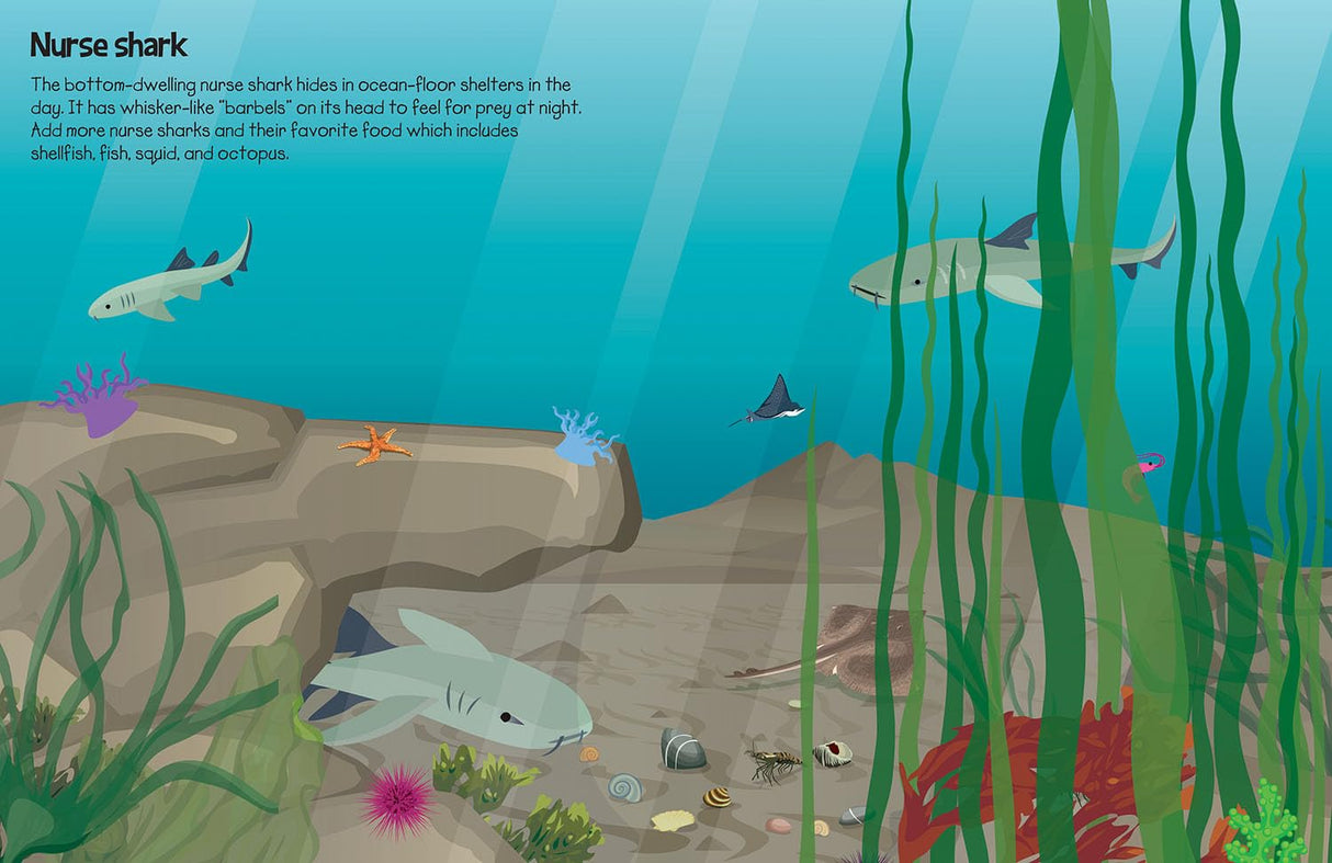 Underwater scene showing nurse sharks swimming near rocks, seaweed, starfish, and various small ocean creatures