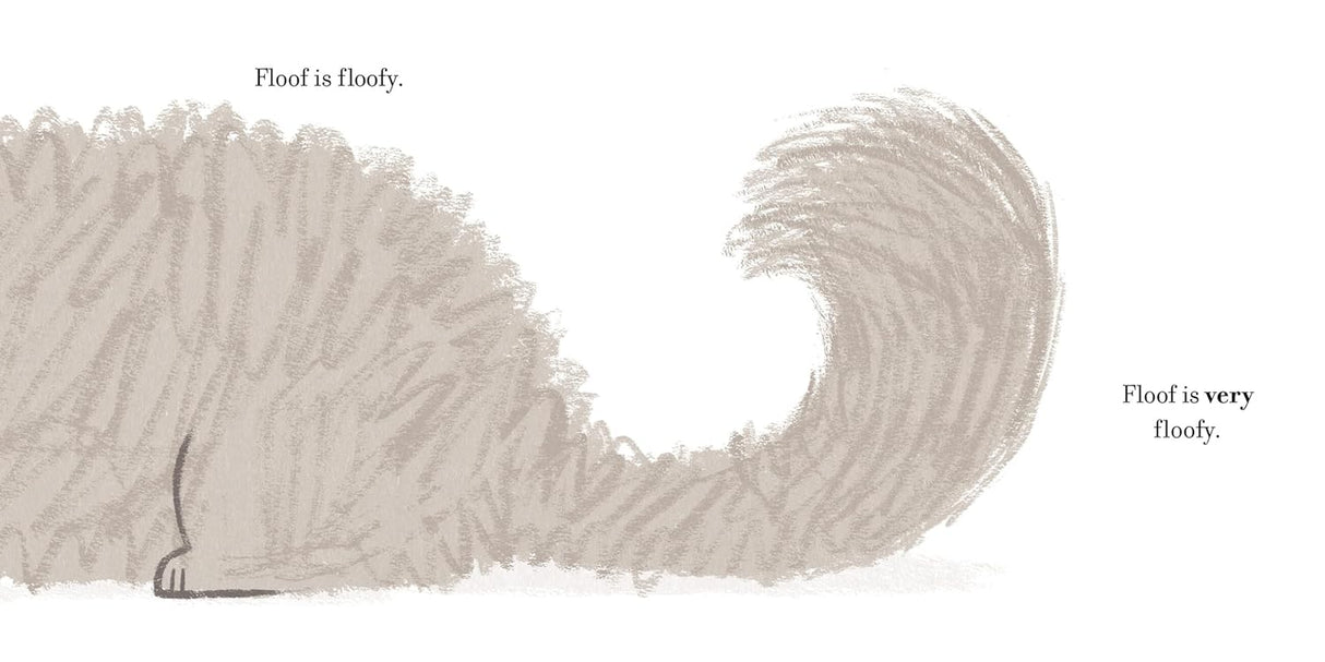 Illustration from Floof showing a fluffy cat with a curved tail and soft, textured fur in a picture book style.