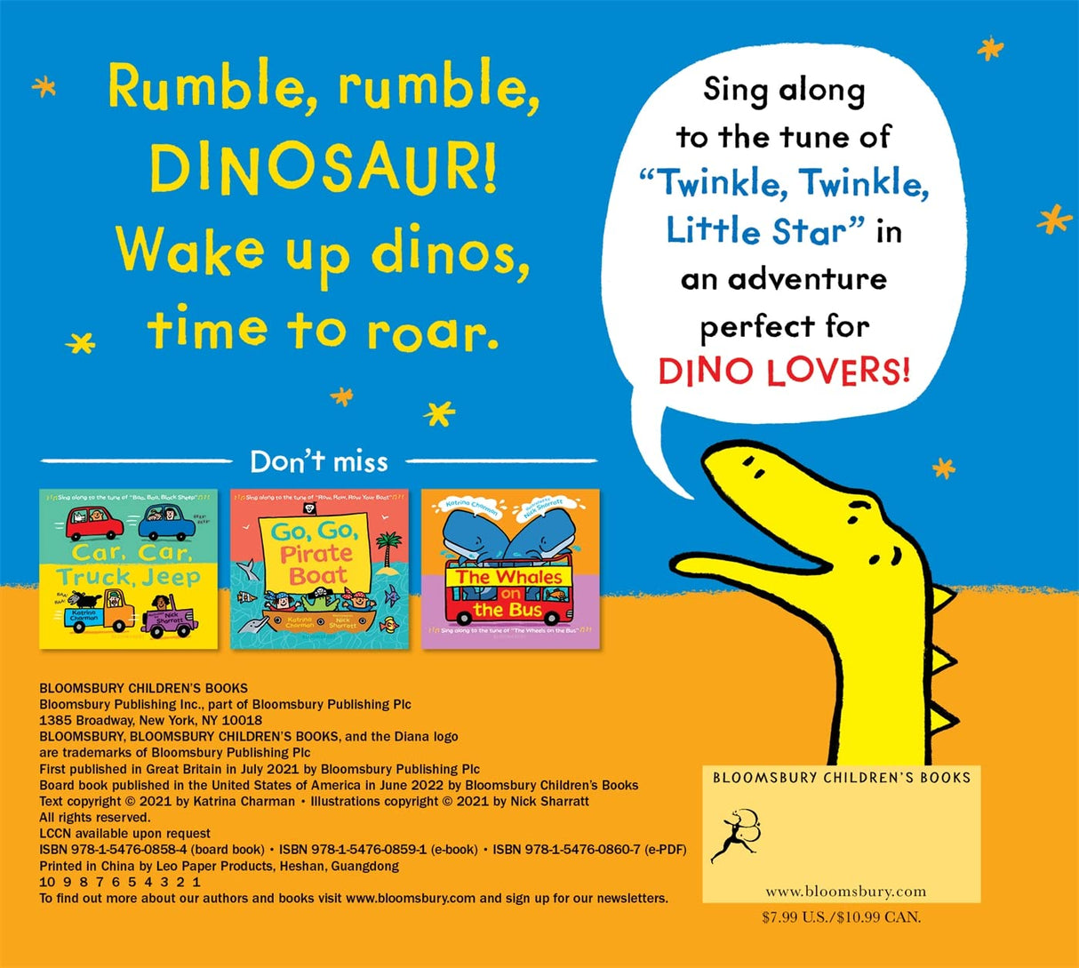 Rumble Rumble Dinosaur book cover with a yellow dinosaur and playful rhyme about singing to Twinkle Twinkle Little Star.